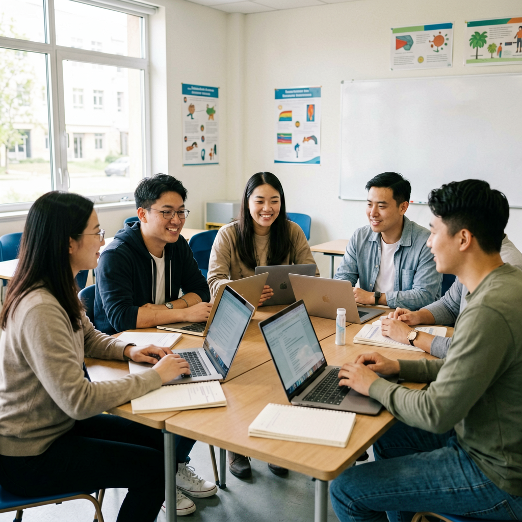 Diverse international students studying English together in a modern classroom