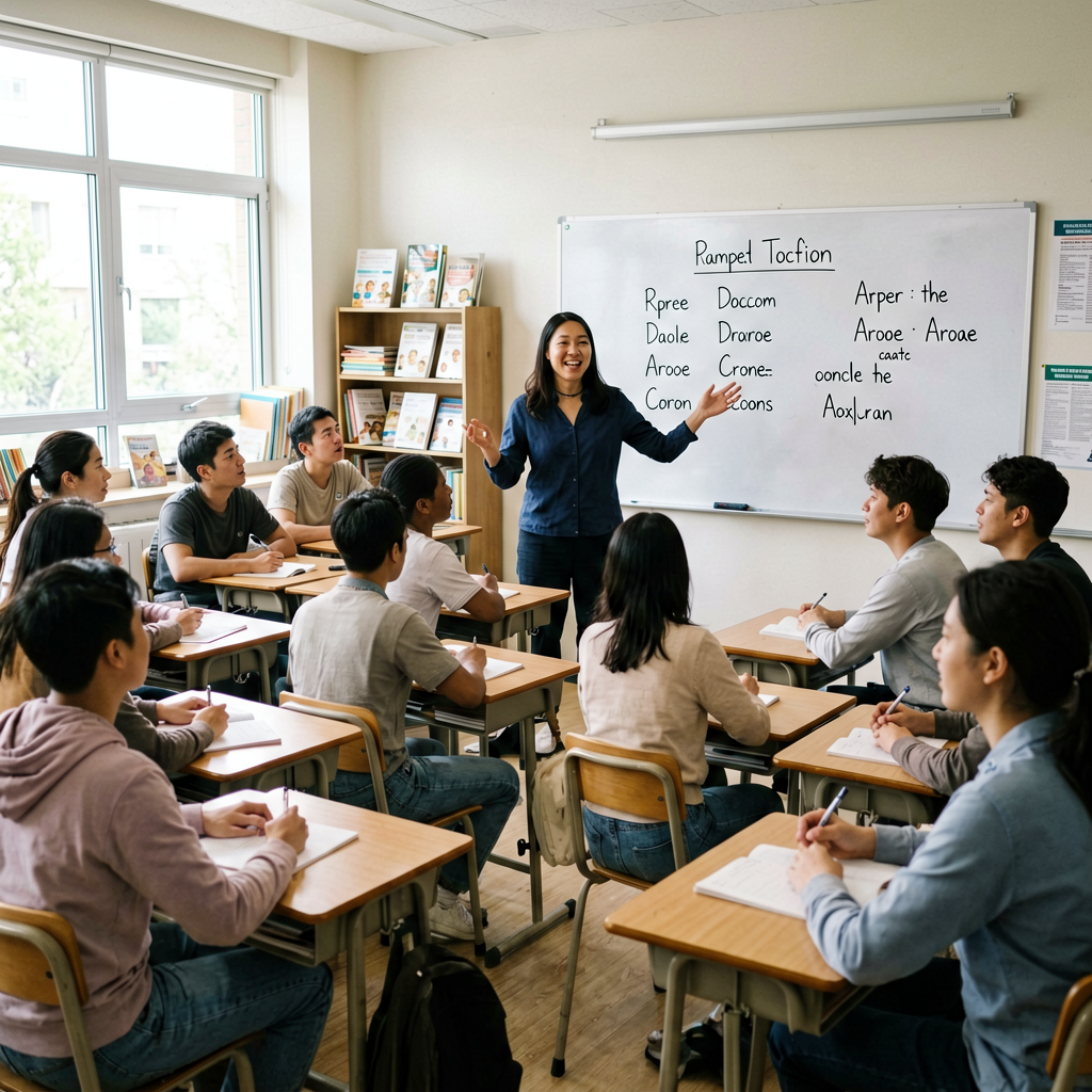 English language classroom with teacher and young students