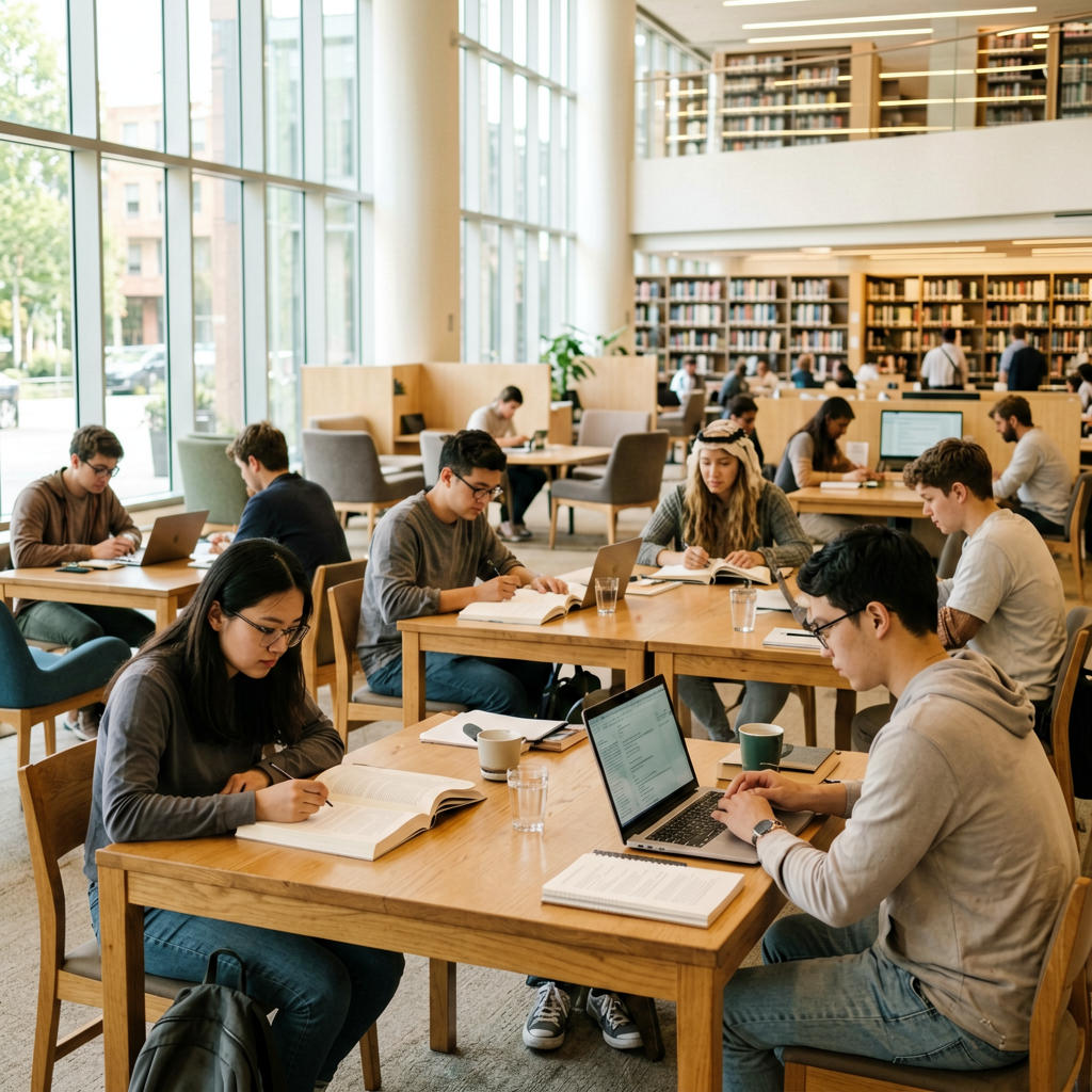 Diverse group of university students studying together in modern campus library